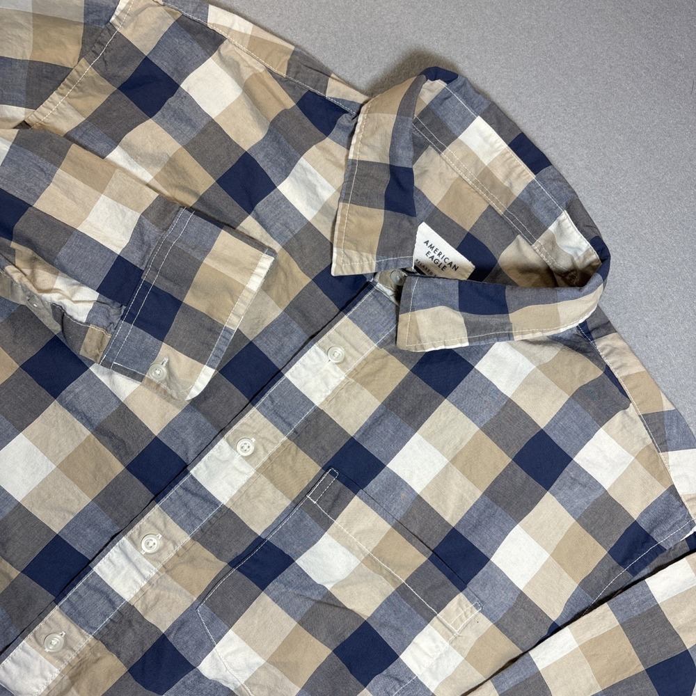 American Eagle Button Shirt Men Large Classic Fit Blue Beige Plaid Long Sleeve